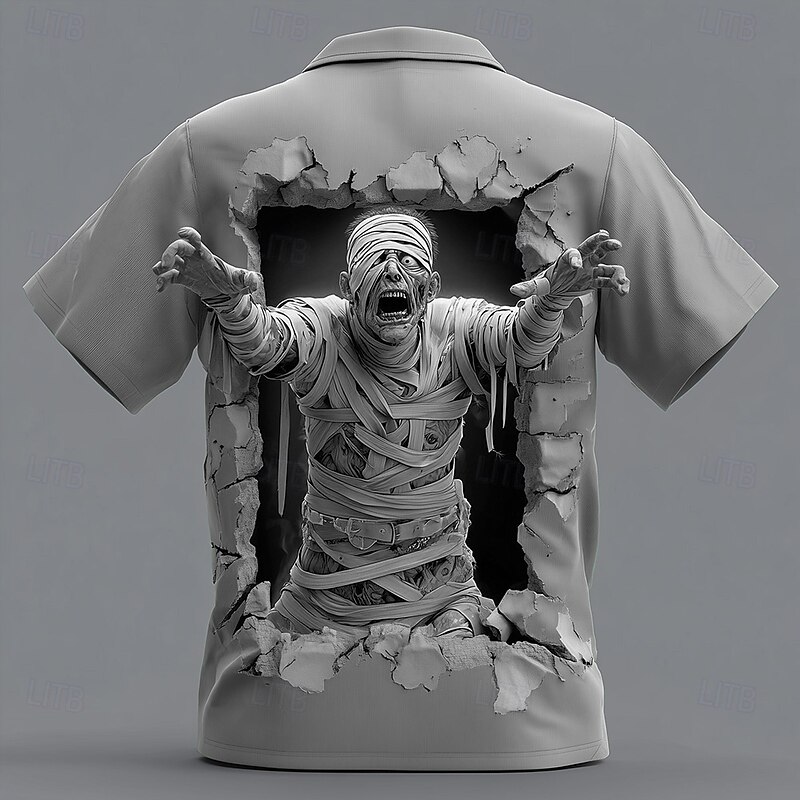 Halloween Men's Zombies Mummy Cracked Wall Shirt Button Up Shirt Short Sleeve Dark Gothic Style Holiday Streetwear Summer Spring Turndown 3D Print Collared Shirts Purple Green Khaki Gray2
