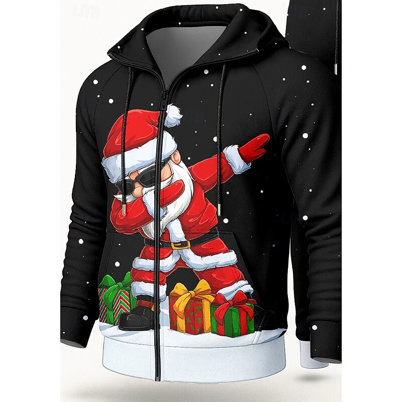 Christmas Men's Hoodie Tracksuit 2 Piece Tracksuit Drawstring Zip Up Clothing Suit Fall Black Vocation Outdoor Travel Lightweight Fashion Long Sleeve Sport Activewear Stretchy Regular Fit3