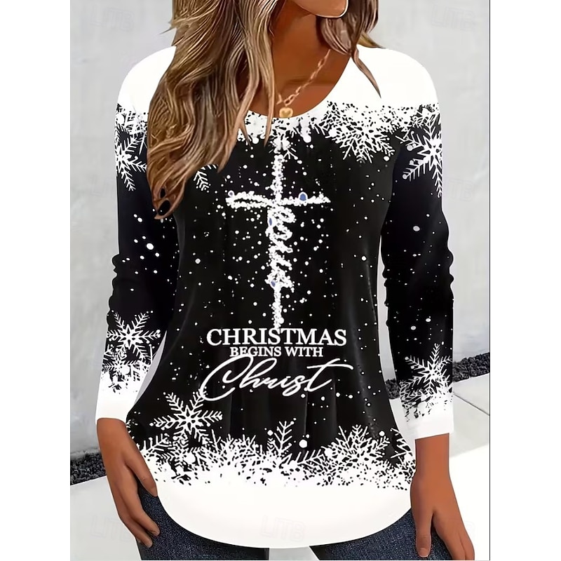 Christmas Women's T Shirt Graphic Snowflake Christmas Vintage Fashion Stylish Long Sleeve Crew Neck Round Neck Regular Tops Daily Weekend Print Black Gold Summer Spring Fall Winter