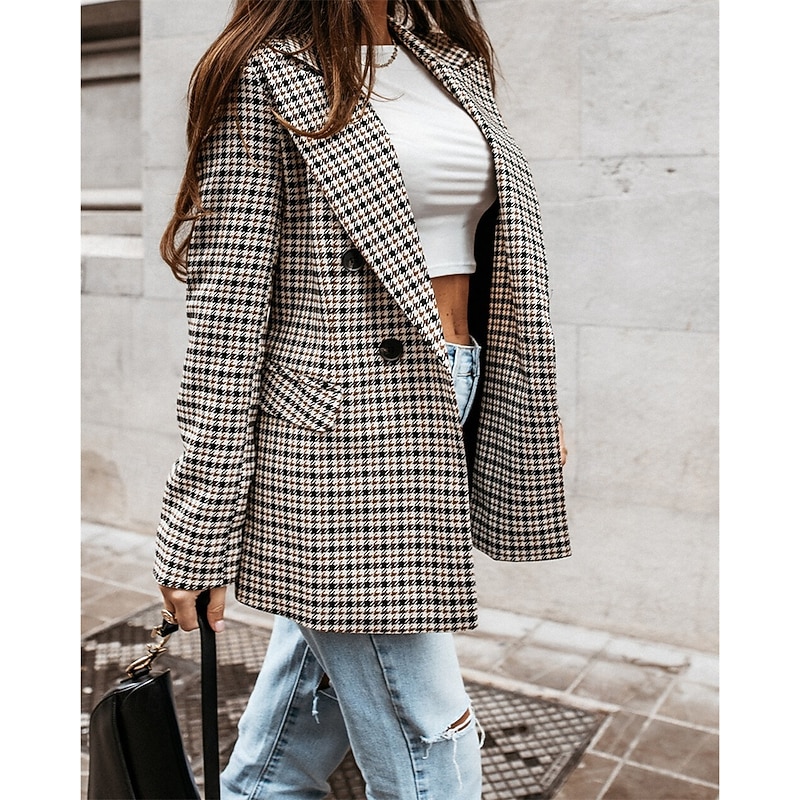 Women's Blazer Comfortable Pocket Elegant Fashion Outdoor Lattice Going out Casual Daily Weekend Double Breasted Regular Lapel Regular Fit Long Sleeve Outerwear Black Spring Fall3