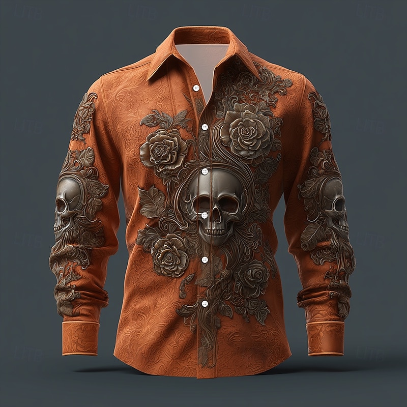 Men's Skull Floral Print Day of the Dead Shirt Button Up Shirt Long Sleeve Vintage Retro Dark Gothic Style Outdoor Holiday Spring Fall Turndown 3D Print Collared Shirts Black Red Blue Orange Brown