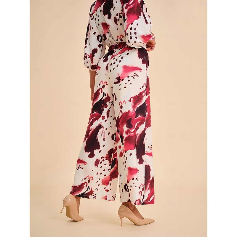 Women's Burgundy Abstract Print Elastic Gathered Wide-Leg Pants2