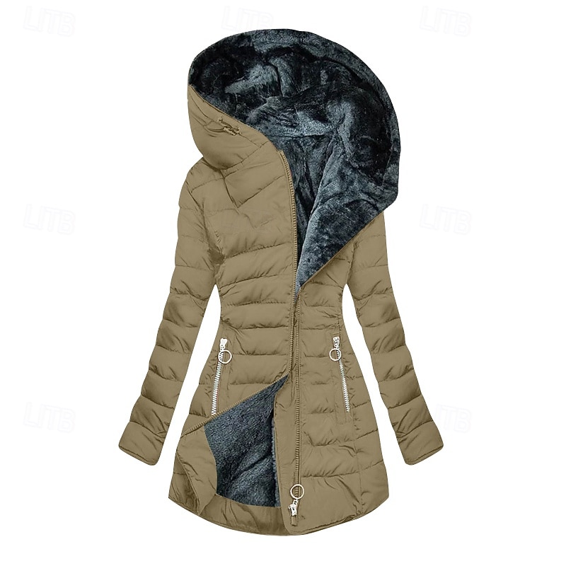 Women's Parka Warm Comfortable Zipper Pocket Casual Plain Vacation Going out Weekend Long Hooded Regular Fit Long Sleeve Outerwear Black Light Green Wine Fall Winter4