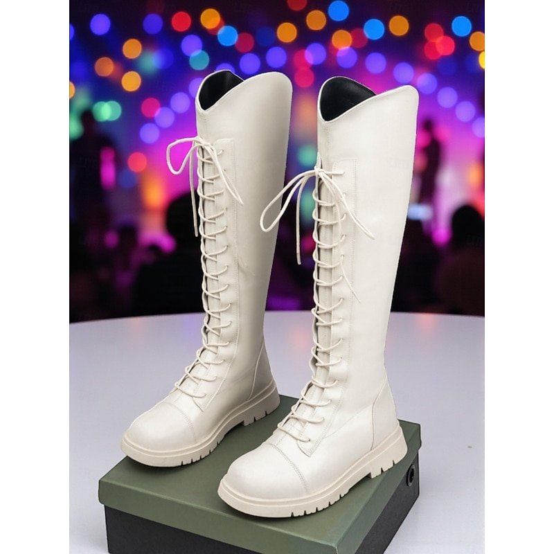 Korean Idol Inspired Pop Star Costume Shoes Girls' White Lace-Up Knee High Boots with Chunky Sole Fashion Performance Footwear for Dance and Stage Outfits2