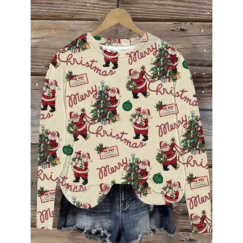 Women's Pullover Sweatshirt Graphic Santa Claus Christmas Tree Fashion Casual Long Sleeve Crew Neck Regular Tops Street Dailywear Casual Print Wine Red Green Beige Fall Winter