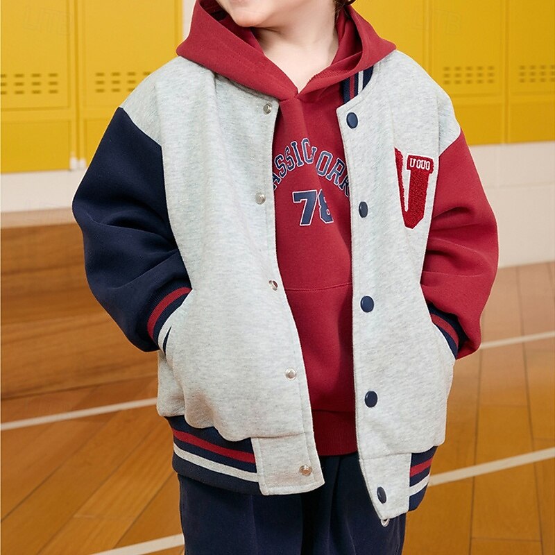 Kids Unisex Baseball Jackets Outerwear Color Block Long Sleeve Comfort Buttons Soft Coat Outdoor Fashion Daily Blue Gray Spring Fall 4 years+3