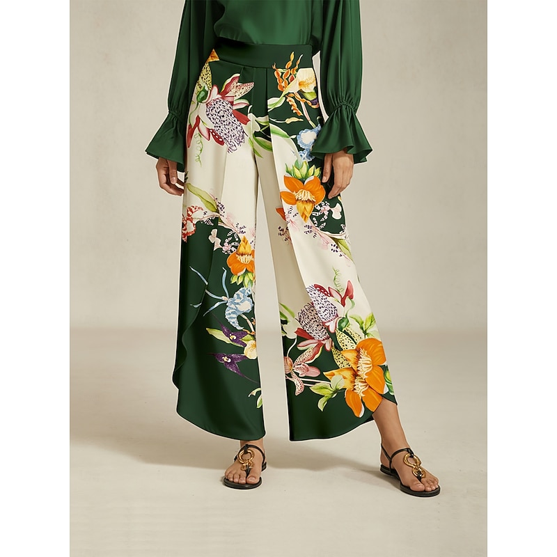 Women's Wide Leg Pants Satin Dark Green Floral Placement Print Front Overlap Slit Spring Autumn2
