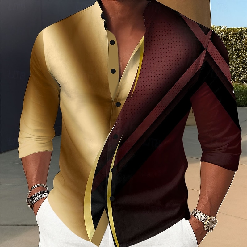Men's Geometric Gradient Waves Shirt Stand Collar Shirt Long Sleeve Fashion Casual Dailywear Holiday Spring Fall Mandarin Collar Band Collar 3D Print Button Up Shirts Blue Purple Gold Gray
