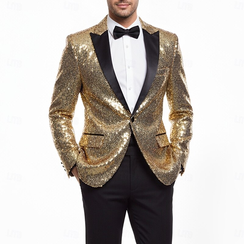 Men's Blazer Jacket Closure collar Party Solid Colored Blazer Black Silver Champagne Tailored Fit Single Breasted One-button