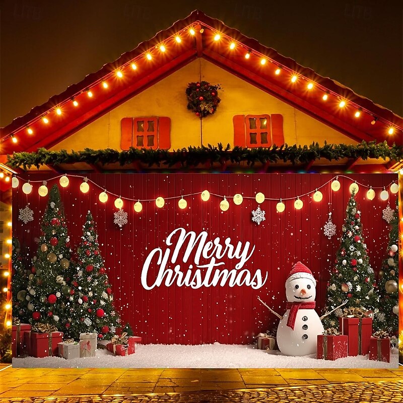 Christmas Garage Door Cover 2025 Xmas Snowman and Christmas Tree with Lights Backdrop Banner, Holiday Outdoor Garage Decoration for Winter Home Party2