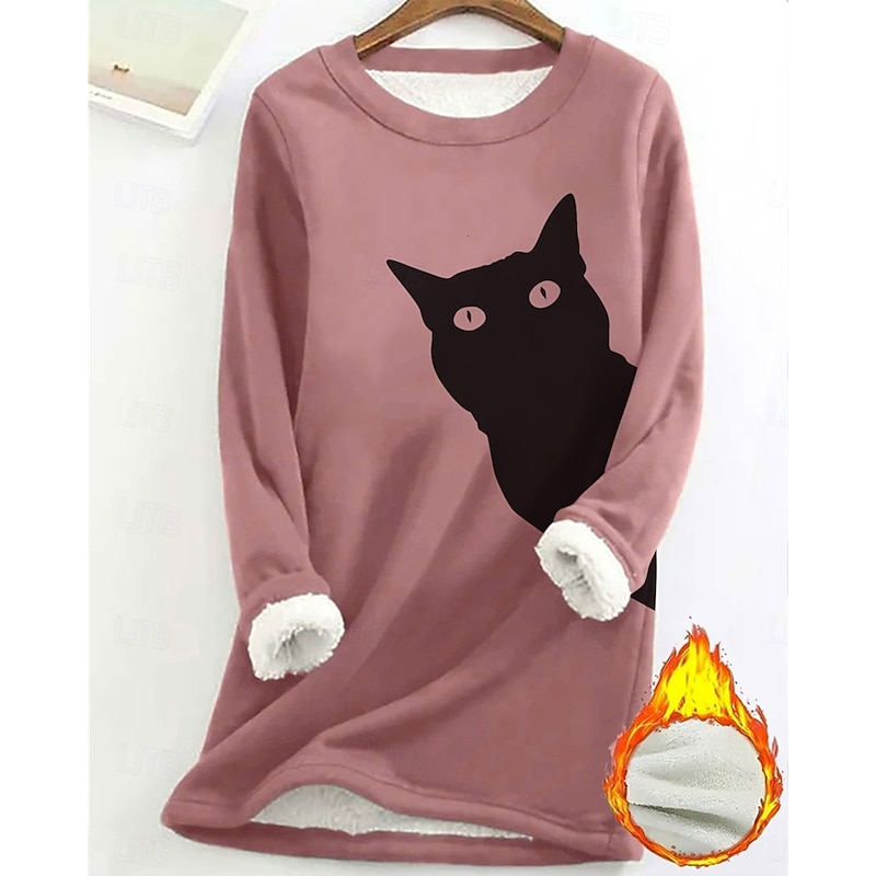 Women's Pullover Sweatshirt Animal Cat Fashion Basic Casual Long Sleeve Crew Neck Long Tops Street Dailywear Casual Print Fleece Lined Black Pink Dark Pink Blue Fall Winter3