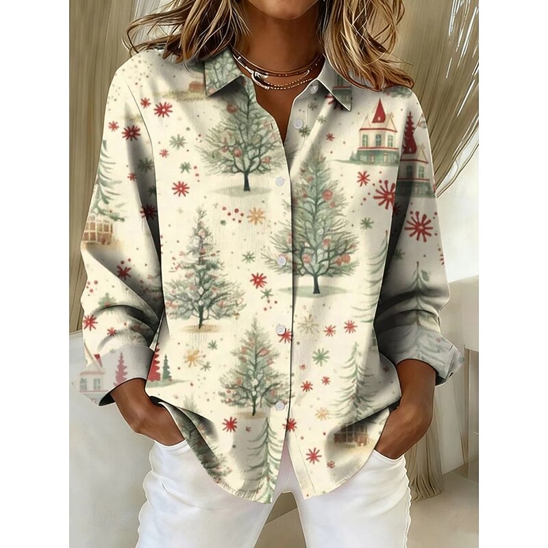 Christmas Women's Shirt Blouse Graphic Geometric Vintage Tropical Stylish Long Sleeve Shirt Collar Regular Tops Daily Patchwork Buttons Print Wine Red Beige Fall Winter2