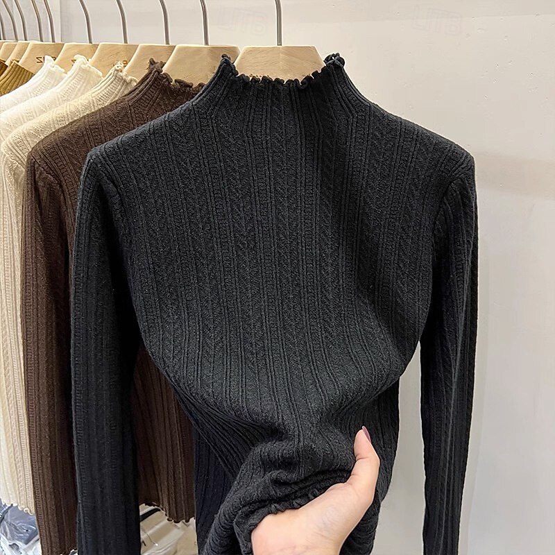 Women's Sweater Pullover Streetwear Casual Solid Color Stand Collar Knitted Long Sleeve Regular Tops Knit Daily Holiday Weekend Black White Fall Winter2