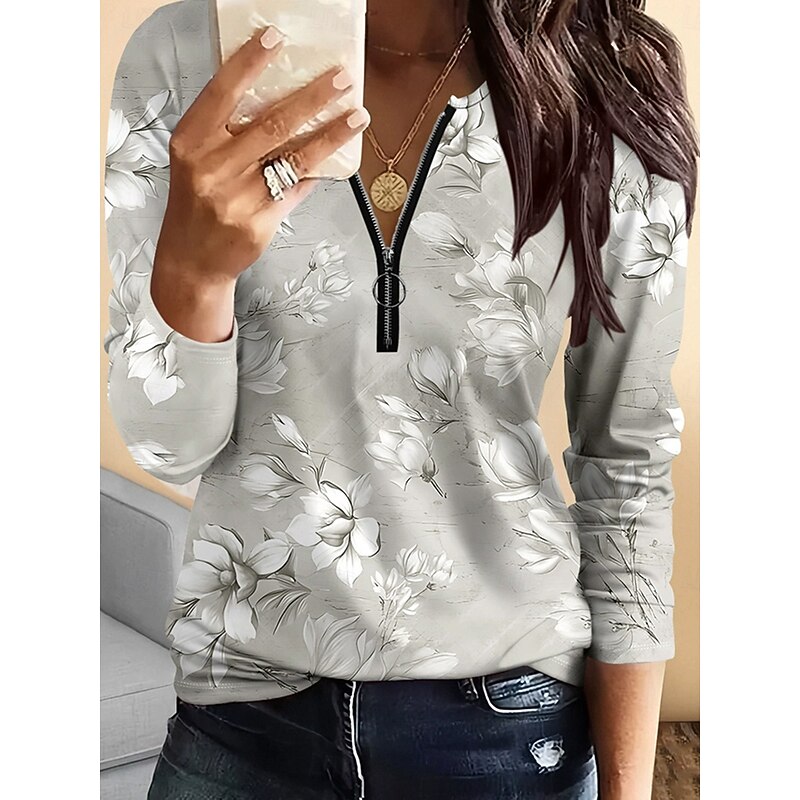 Women's T Shirt Floral Graphic Vintage Fashion Stylish Long Sleeve Crew Neck Regular Tops Daily Zipper Print Yellow Pink Purple Green Gray Spring Fall Winter4