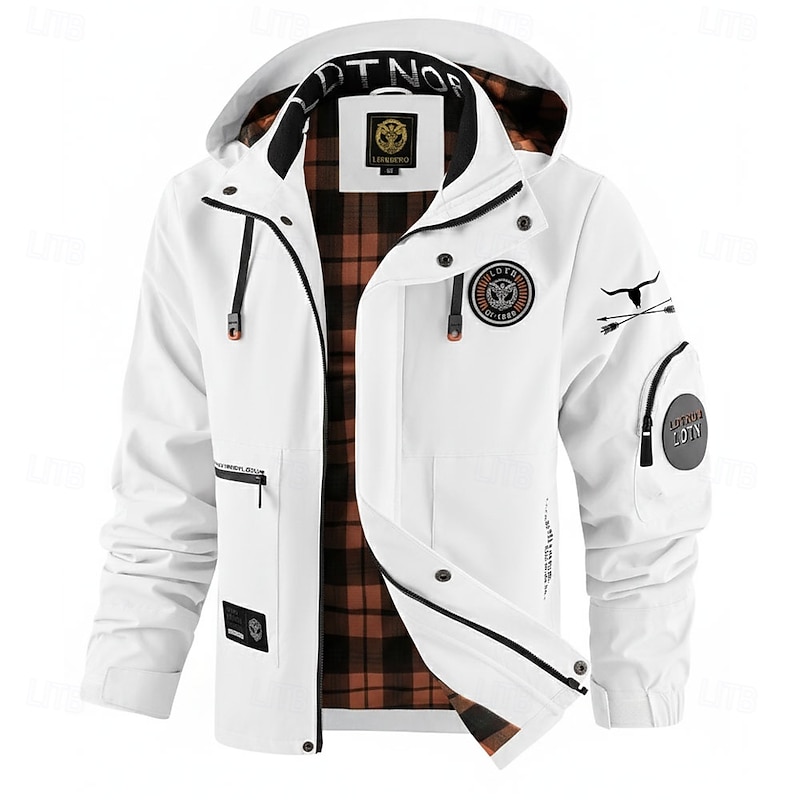 Men's Cow Print Windbreaker Hooded Jacket Parka Waterproof Windproof Multi-Pockets Casual Outdoor Camping & Hiking Detachable Hood Full Zip Coat Outerwear Fall Winter Stand Collar Long Sleeve Black3