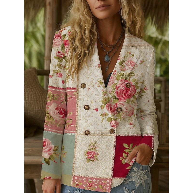 Women's Blazer Warm Comfortable Buttons Vintage Fashion Classic Modern Floral Vacation Home Casual Daily Double Breasted Regular Notch Lapel Regular Fit Long Sleeve Outerwear White Pink Green Fall2
