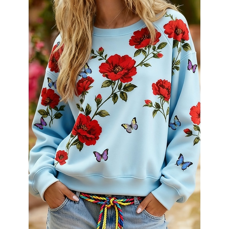 Women's Pullover Sweatshirts Floral Fashion Streetwear Classic Long Sleeve Crew Neck Round Neck Regular Tops Dailywear Casual Print Black Blue Green Spring Fall3