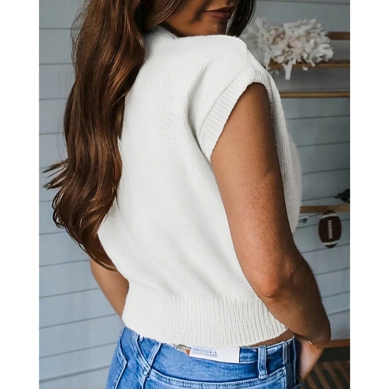Women's Sweater Pullover Fashion Casual Graphic Ribbed Crew Neck Knitted Short Sleeves Regular Tops Knit Outdoor Daily Weekend White Summer Spring2