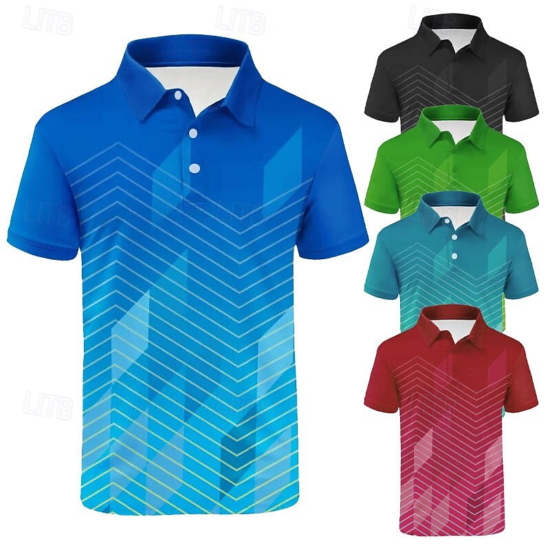 Men's Striped Sports Polo Shirts Golf Shirt Short Sleeve Polo Shirts Collared Shirts Casual Sportswear Vacation Wear Buttons 3D Print Lake blue Black Wine