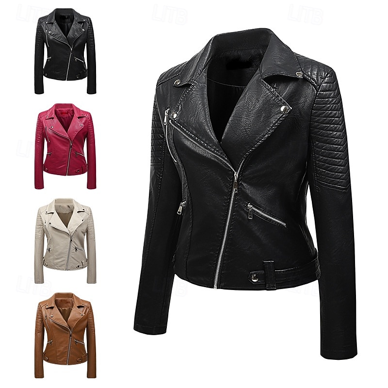 Women's Faux Leather Jacket Warm Comfortable Zipper Pocket Casual Solid Color Vacation Street Casual Daily Wear Short Turndown Regular Fit Long Sleeve Outerwear Black Red Brown Spring Fall