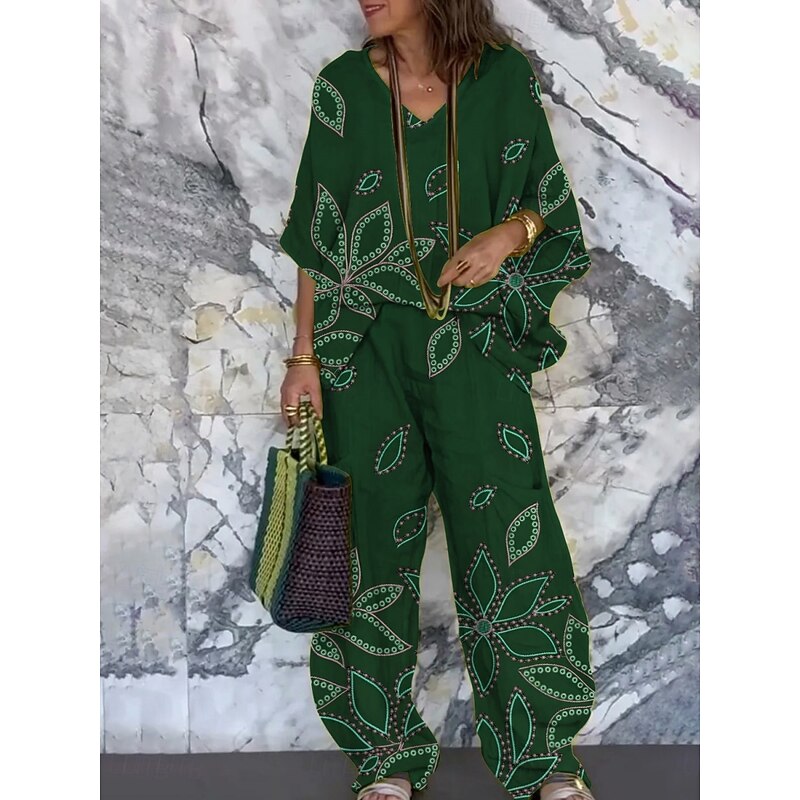 Women's Vacation Fashion Pants Sets 3/4 Length Sleeve V Neck Floral Print Vacation Daily Holiday Wine Green Summer Regular Fit3