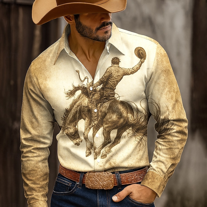 Men's Horse Racing Shirt Button Up Shirt Cowboy Shirt Long Sleeve Western Style Outdoor Camping & Hiking Hunting Spring Fall Turndown 3D Print Collared Shirts White Khaki