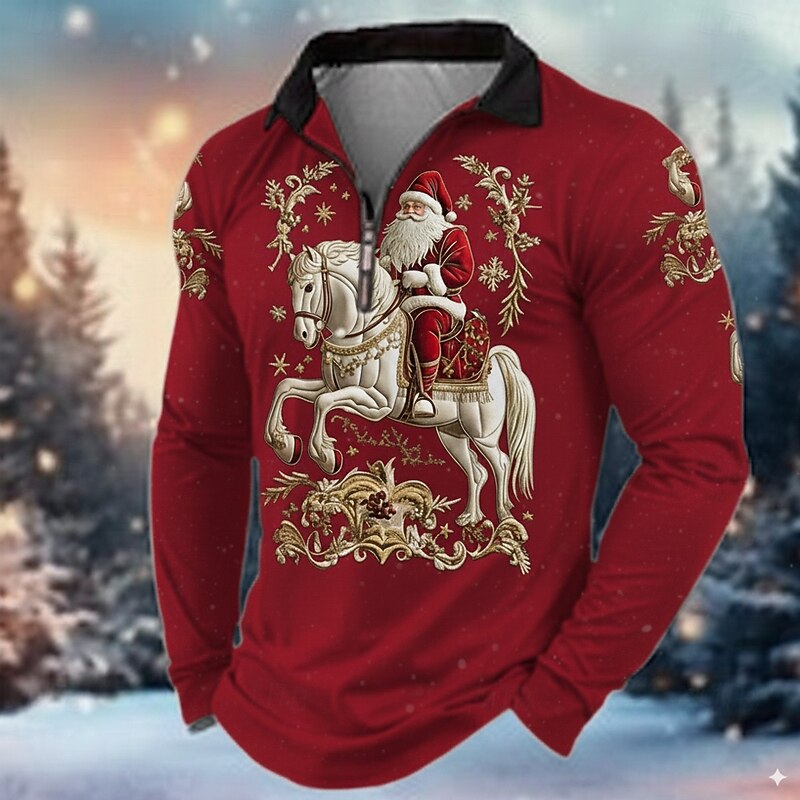 Christmas Men's Santa Claus Polo Long Sleeve Turndown Modern Leisure Casual Daily Festival Zipper 3D Print Spring Fall Winter Black Red2