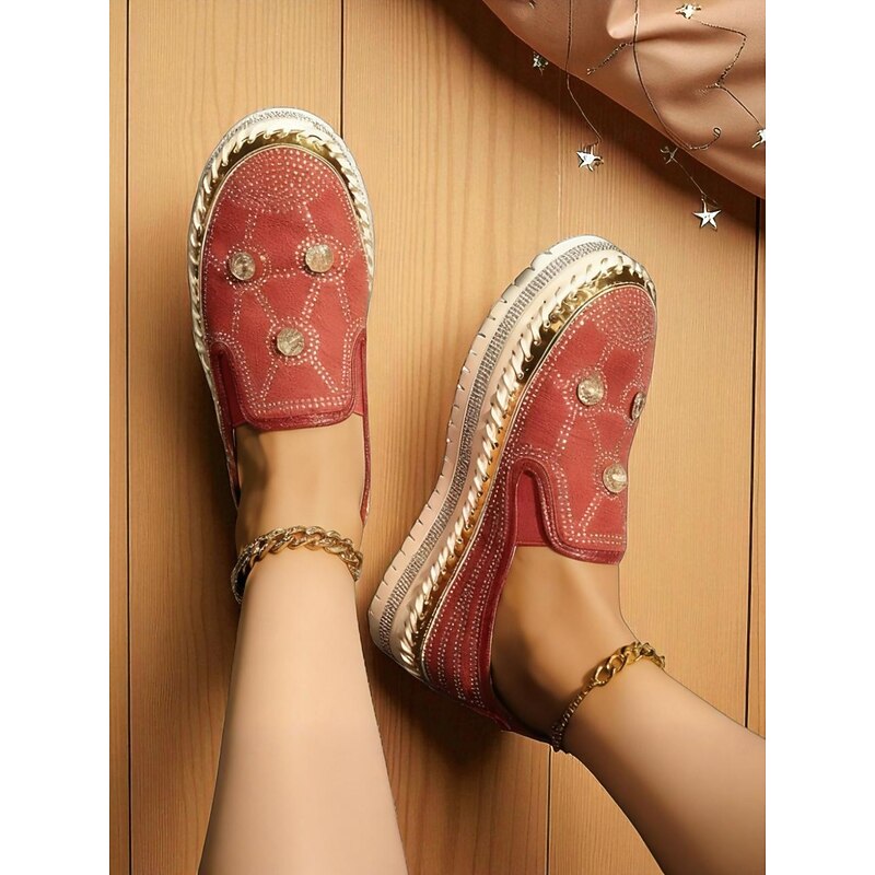 Women's Red Slip-On Platform Sneakers with Rhinestone Studs and Metallic Detailing - Stylish Casual Shoes for Women Perfect for Nightlife Party Outfits2