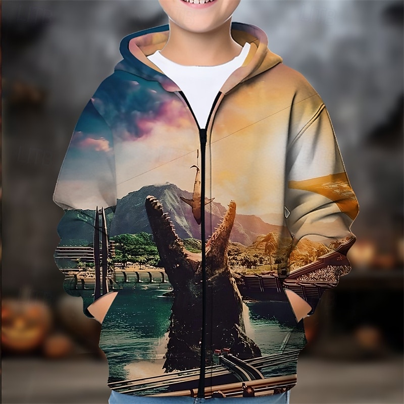 Halloween Girls' 3D Dinosaur Hoodie Coat Outerwear Long Sleeve Spring Fall Adorable Sport Kids 4-12 Years Zip Street Daily Regular Fit