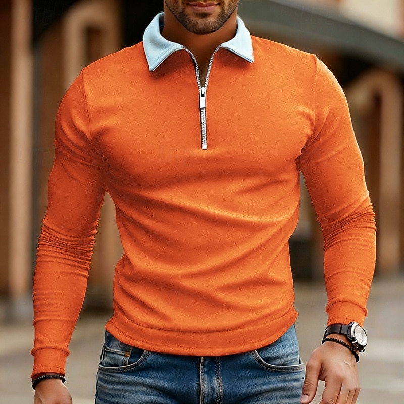 Men's Polo Shirts Quarter Zip Polo Daily Wear Date Quarter Zip Long Sleeve Fashion Basic Color Block Zipper Spring Fall Regular Fit Lake Blue Black White Wine Navy Blue Royal Blue Polo Shirts