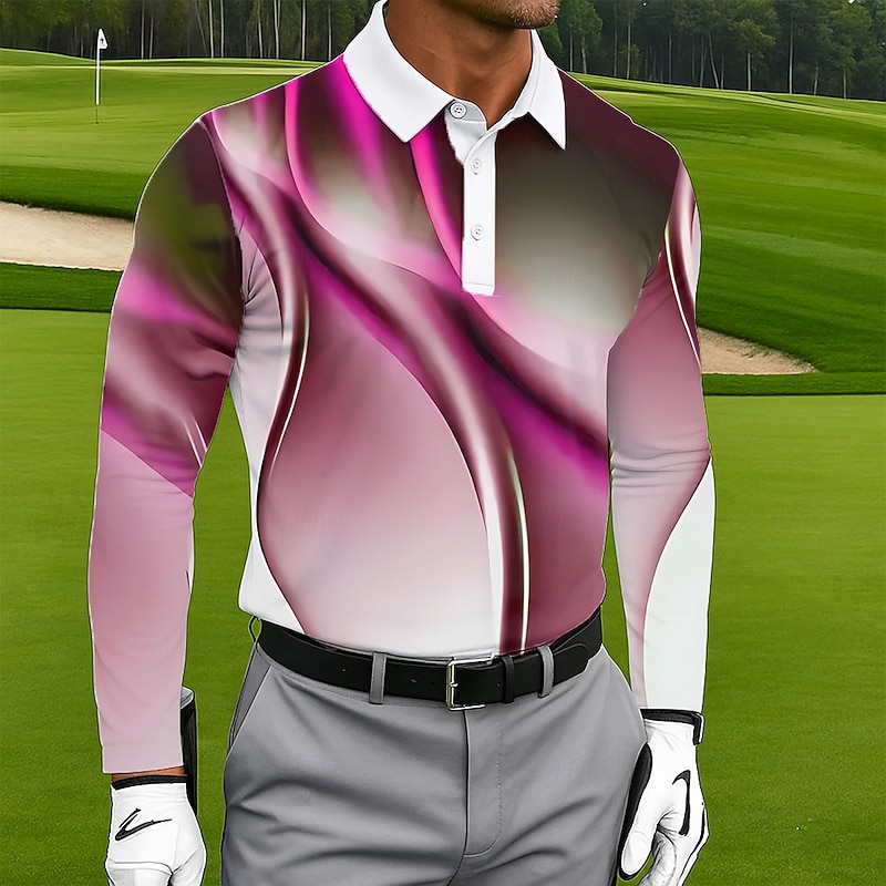 Men's Geometic Golf Polo Long Sleeve Polo Shirts Lapel Casual Outdoor Athleisure Daily Wear 3D Print Buttons Spring Fall Winter Dark Pink Blue Green3