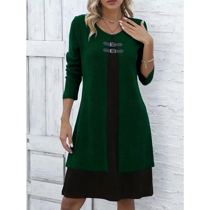 Women's Knee Length Dress A Line Dress Elegant Vacation Casual Regular Fit Solid Color Long Sleeve Crew Neck Yellow Pink Blue Green Fall Winter4
