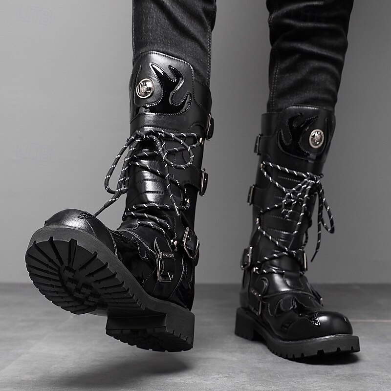 Men's Black Gothic Combat Boots – Tall Lace-Up Motorcycle Boots with Buckle Straps and Rugged Sole for Halloween, Cosplay and Rock Concerts4