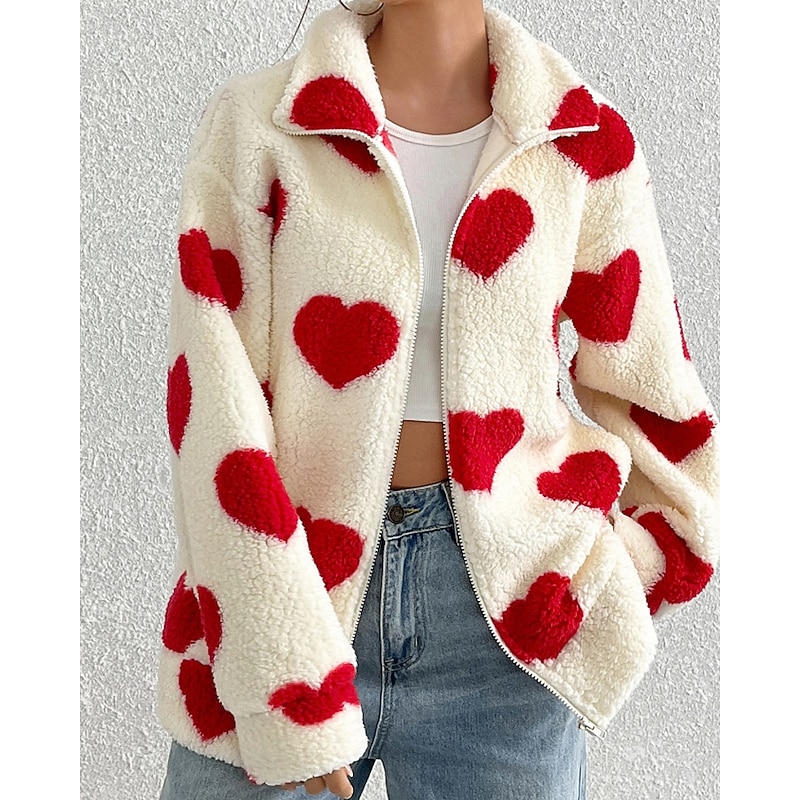 Women's Teddy Coat Warm Comfortable Zipper Casual Heart Vacation Daily Wear Going out Weekend Regular Stand Collar Loose Fit Long Sleeve Outerwear Black Red Khaki Fall Winter