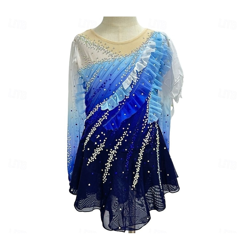 Figure Skating Dress Women's Girls' Ice Skating Dress Blue+Green Black Patchwork Glitter Mesh Spandex High Elasticity Practice Competition Skating Wear Handmade Crystal / Rhinestone Long Sleeve Ice2