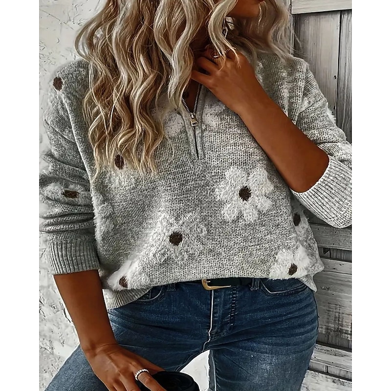 Women's Sweater Pullover Fashion Streetwear Casual Floral Crew Neck Zipper Knitted Print Long Sleeve Regular Tops Knit Daily Holiday Going out Light Grey Fall Winter