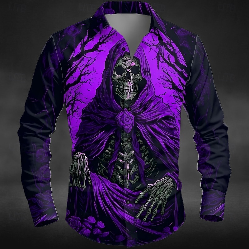 Men's Skull Floral / Flower Day of the Dead Shirt Button Up Shirt Long Sleeve Dark Punk Gothic Style Outdoor Holiday Summer Spring Turndown 3D Print Collared Shirts Red Purple2