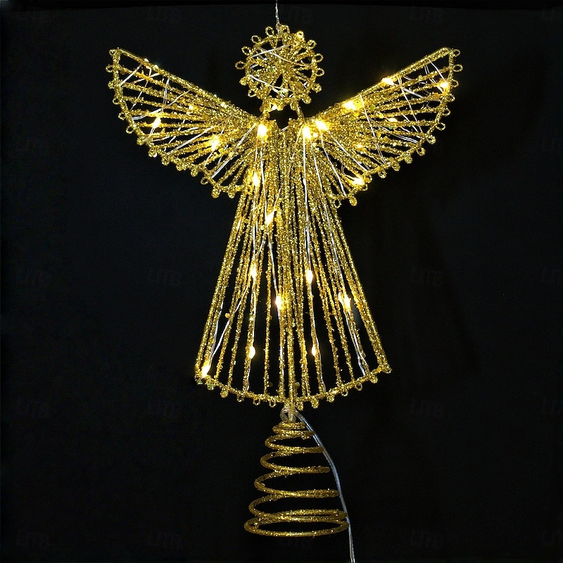 Christmas Tree Topper Angel Led Light Xmas, Gold Glitter Iron Star, Lighted Holiday Tree Topper, Festive Hanging Ornament, Xmas Home Table Decor Gift - Main Image