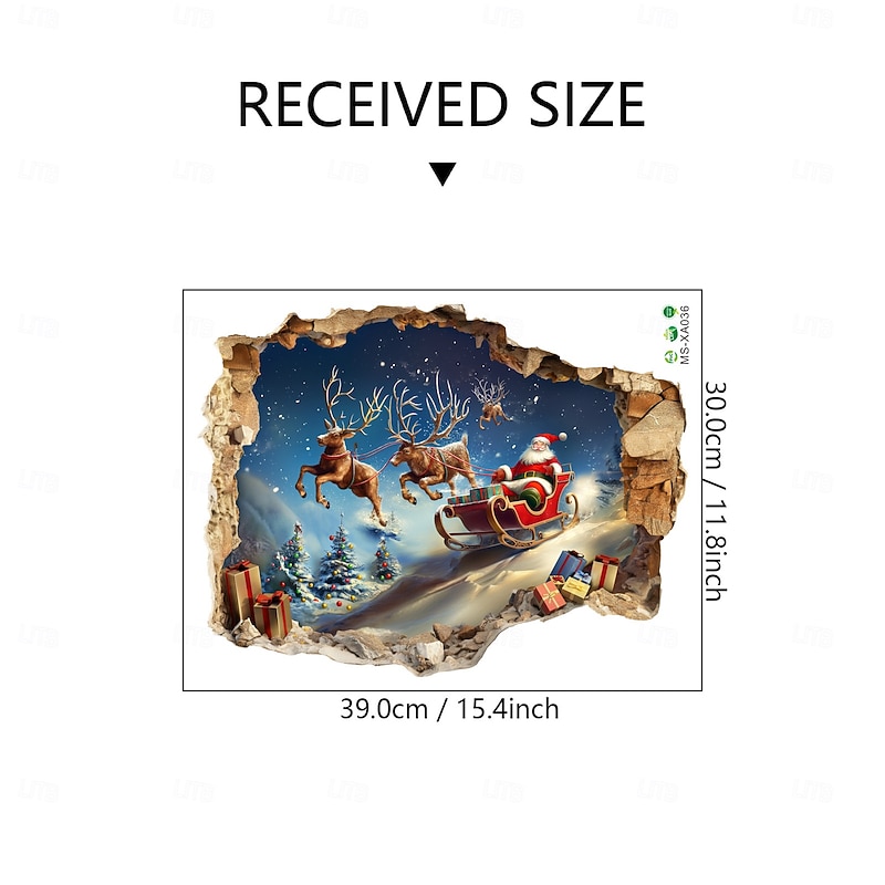 Christmas Sticker Wall Decals 3D Broken Wall Santa Claus Sleigh Reindeer Removable Vinyl Mural Holiday Party Living Room Entryway Wall Decoration Home Festival Atmosphere3