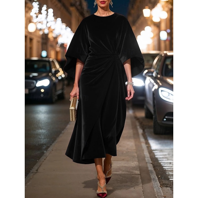 Women's Midi Dress Fit And Flare Dress Elegant Party Cocktail Outdoor Party Wedding Guest Regular Fit Solid Color Long Sleeve Crew Neck Black Red Blue Green Spring Fall Winter4