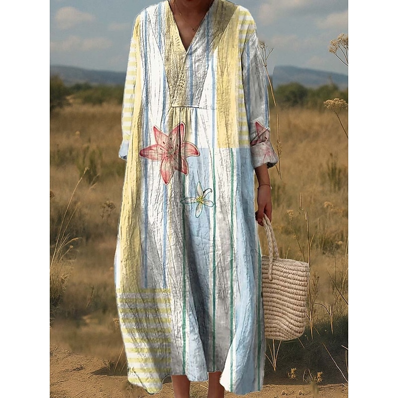 Women's Midi Dress A Line Dress Fit And Flare Dress Casual Boho Wedding Guest Daily Going out Loose Fit Floral Graphic Geometric Long Sleeve V Neck Light Green Pink Light Purple Spring Fall Winter - Main Image