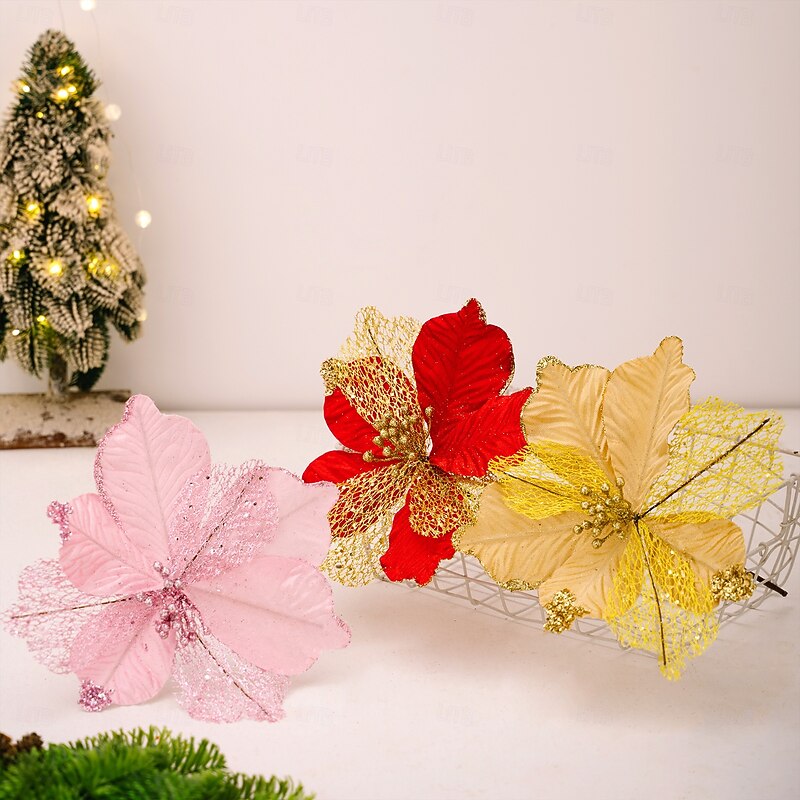 4 Pack Christmas Poinsettia Artificial Flowers Tree Ornament Gold & Red Faux Holiday Flowers with Maple Leaves for Christmas Tree, Wreaths, Centerpieces, DIY Crafts4