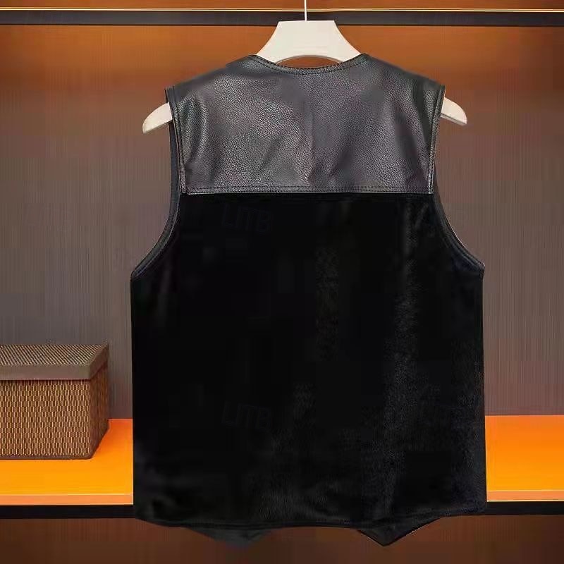 Men's Vest Gilet Outdoor Daily Fashion Casual Spring Fall Pocket Buttons Splice Faux Leather Comfortable Plain Single Breasted One-button V Neck Regular Fit Black Vest4