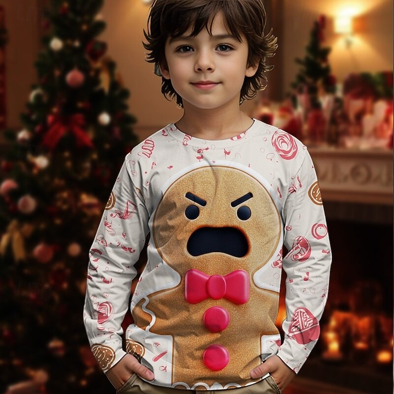 Christmas Boys' 3D Graphic Gingerbread T shirt Tee Long Sleeve Spring Fall Fashion Basic Kids 4-12 Years Crew Neck Outdoor Casual Daily Regular Fit