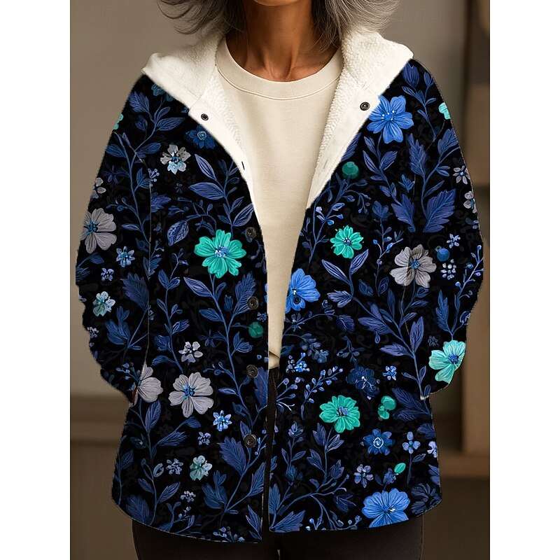 Women's Winter Coat Winter Jacket Warm Quick Dry Buttons Daily Modern Casual Comfortable Floral Vacation Casual Athleisure Daily Regular Hooded Regular Fit Long Sleeve Outerwear Yellow Pink Blue2