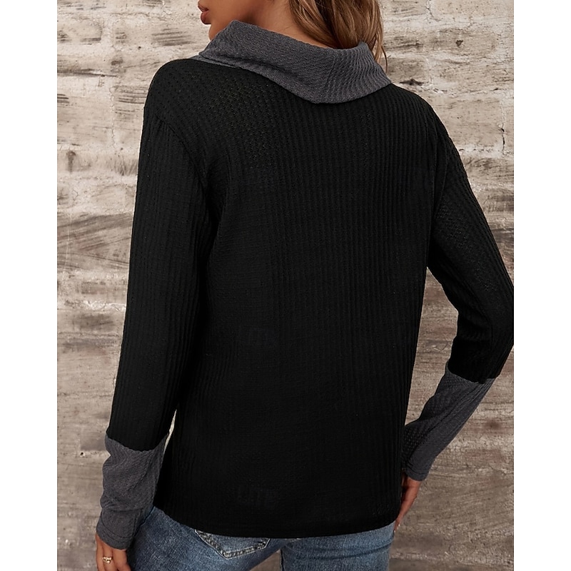 Women's Sweater Pullover Streetwear Casual Color Block Mock Neck Patchwork Knitted Split Long Sleeve Regular Tops Knit Daily Holiday Going out Black Wine Spring Fall4