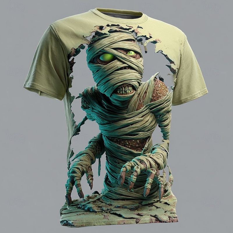 Halloween Men's Optical Illusion Zombies Mummy T Shirt Short Sleeve T shirt 3D Print Crew Neck Shirt Exaggerated Designer Horror Party Street Holiday Blue Purple Green Summer Spring All Seasons