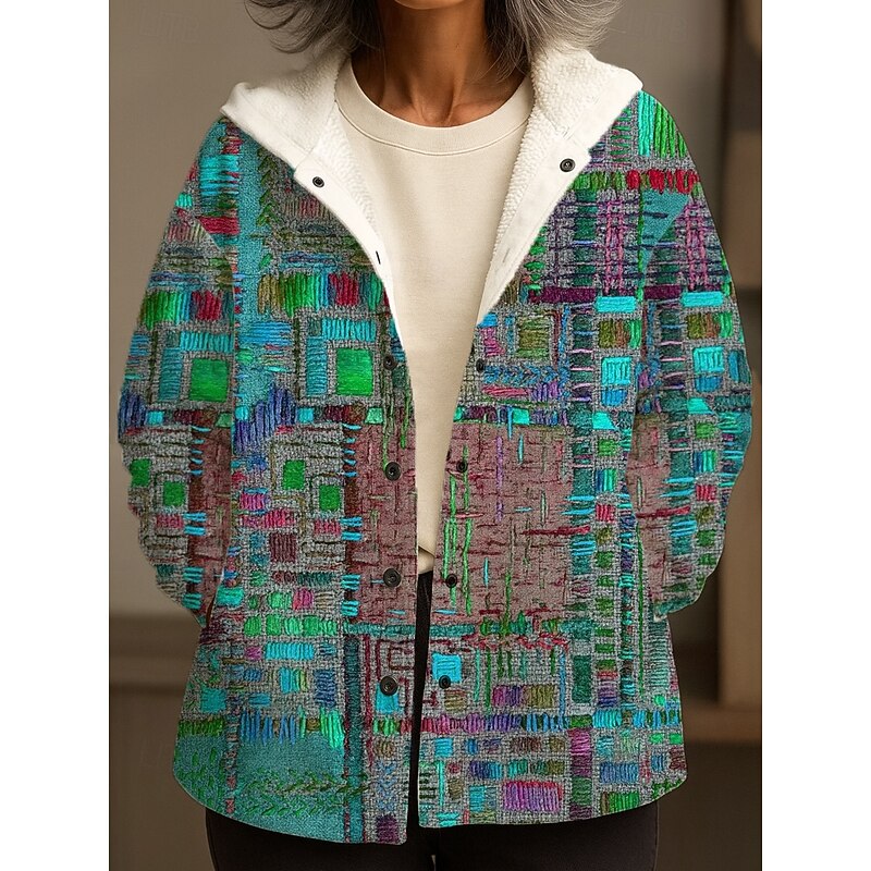 Women's Winter Coat Winter Jacket Warm Quick Dry Buttons Daily Modern Casual Comfortable Abstract Vacation Casual Athleisure Daily Regular Hooded Regular Fit Long Sleeve Outerwear Yellow Blue Purple3