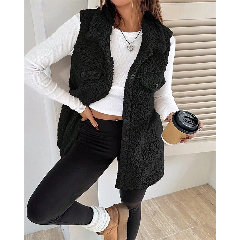 Women's Fleece Jacket Casual Jacket Warm Comfortable Pocket Buttons Fashion Outdoor Plain Going out Weekend Single Breasted Regular Lapel Regular Fit Long Sleeve Outerwear Black Pink Camel Fall Winter2