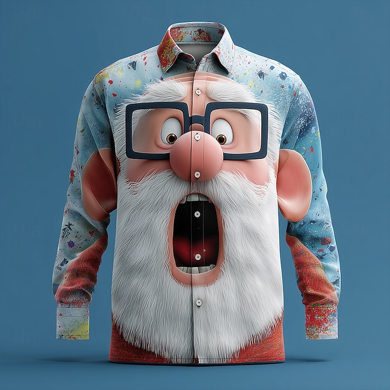 Christmas Men's Santa Claus 3D Cartoon Smile Face Shirt Button Up Shirt Long Sleeve Funny Outdoor Holiday Spring Fall Turndown 3D Print Collared Shirts Blue 1# Blue2